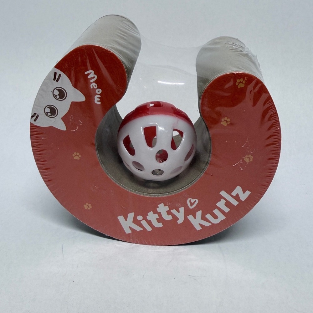 Kitty Kurlz Cardboard Cat Scratcher Toy with Built-in Jingle Bell Ball Red White